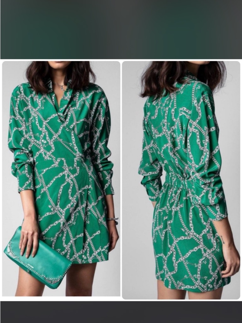 Zadig & Voltaire Ravy Chain Print 100% Silk 3/4 Sleeves Mini Dress Green Small - Picture 10 of 10
